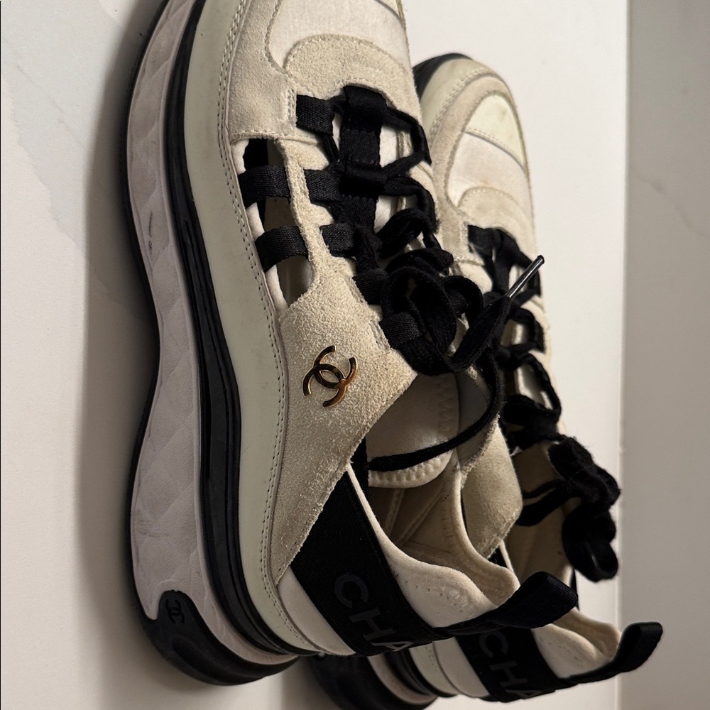 CHANEL Women's Black and Cream Sneakers